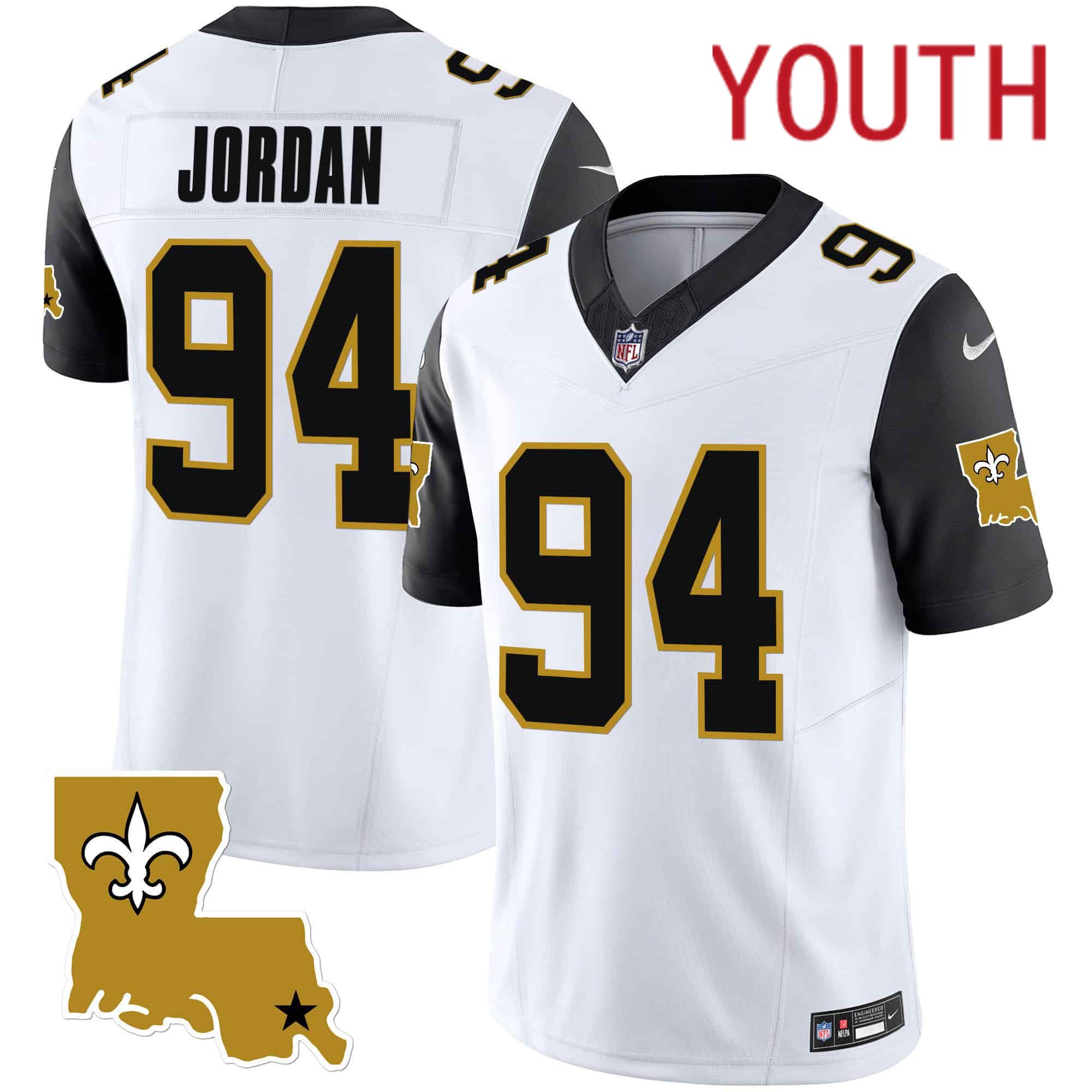 Youth New Orleans Saints #94 Jordan White 2024 Nike 1987 Legacy Vapor Limited NFL Jersey style 2